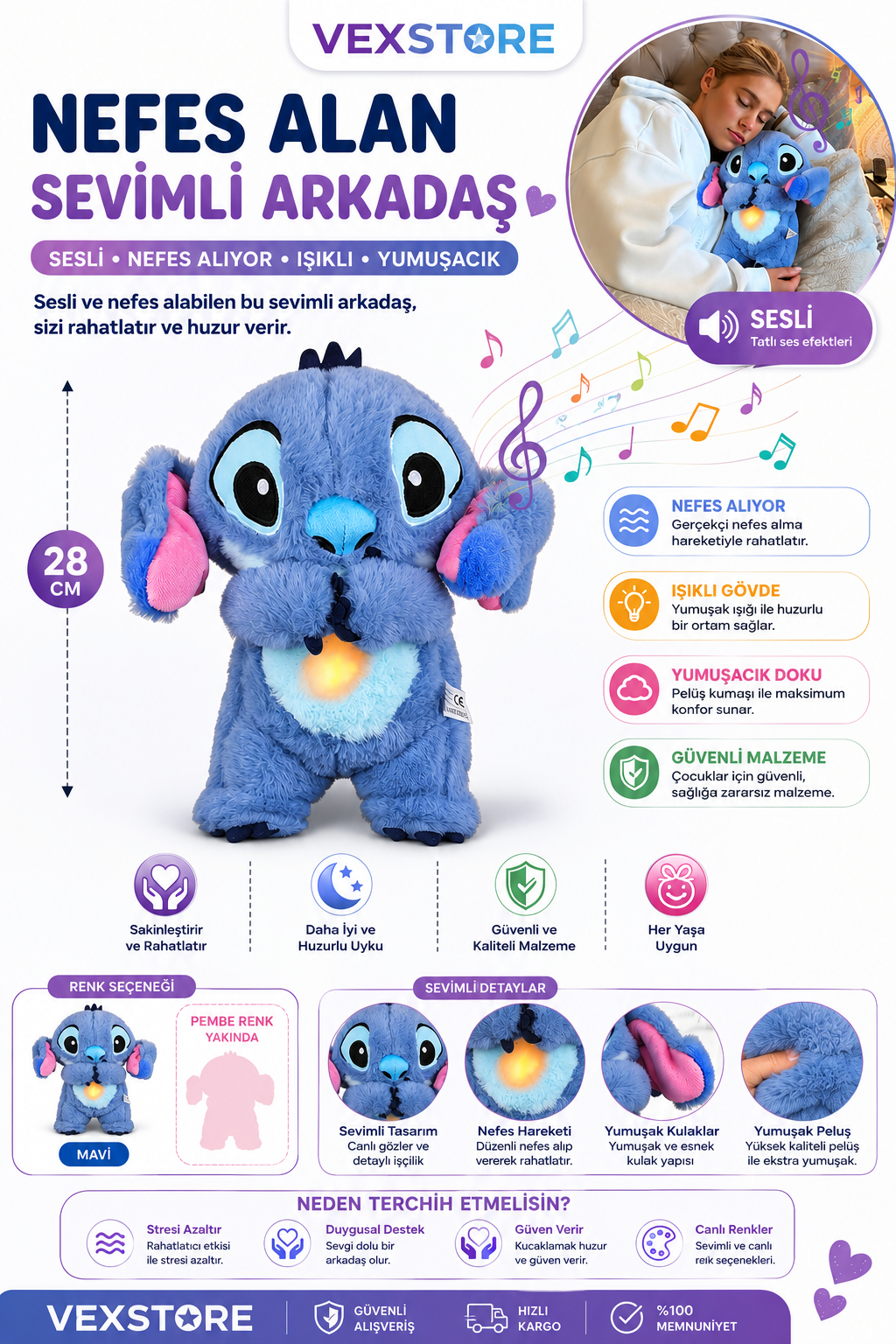 Nefes Alan Uyku Arkadaşı Stitch Mavi Renk